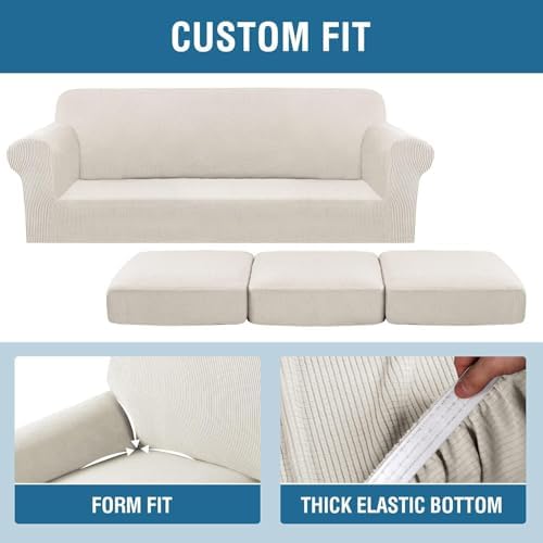H.VERSAILTEX 4 Piece Stretch Sofa Covers for 3 Cushion Couch Covers for Living Room Furniture Slipcovers (Base Cover Plus 3 Seat Cushion Covers) Thicker Jacquard Fabric (Large Sofa, Ivory) - Image 4