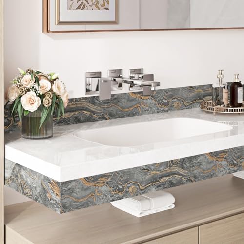 Wallercity Black/Gold Marble Wallpaper Border for Bathroom Peel and Stick Borders Trim Self Adhesive Marble Contact Paper Waterproof Border Stickers for Mirror Frame Wall Corner Blackboard 3.94x197 IN - Image 3