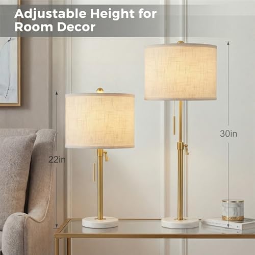 Qingmiao Gold Table Lamps Set of 2, 22" to 30" Adjustable Nightstand Lamps for Bedroom, Dimmable End Table Lamps for Living Room Console Entry Farmhouse Home Decor, New House Warming Gifts - Image 3