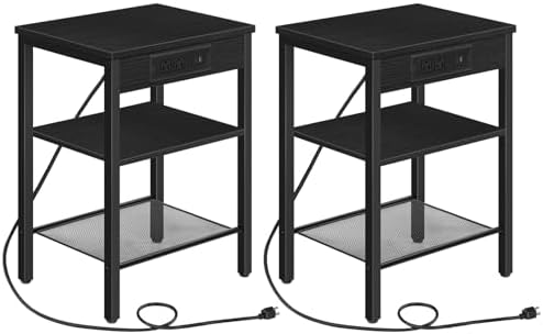 HOOBRO Side Tables Set of 2 with Charging Station and USB Port, Small End Tables for Small Space, 3-Tier Nightstands with Adjustable Shelf, for Living Room, Bedroom, Black BB112BZP201 by HOOBRO