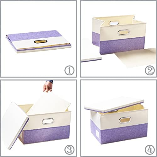 PRANDOM Large Foldable Storage Bins with Lids [3-Pack] linen Fabric Decorative Storage Boxes Organizer Containers Baskets Cube with Handles Divider for Bedroom Closet Purple&Cream(17.7x11.8x11.8) - Image 5