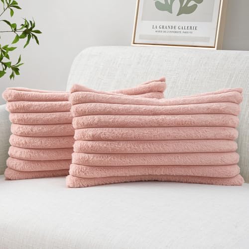 MIULEE Faux Fur Lumbar Throw Pillow Covers 12x20 Set of 2 Blush Pink by MIULEE