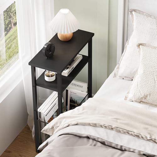 MMEOLUOOK Narrow Side Table with Storage Basket Skinny End Tables for Smalls Spaces 3 Tier Sofa Table Small Nightstand Slim Bedside Table for Living Room Bedroom Black MLBZ22B - Image 5