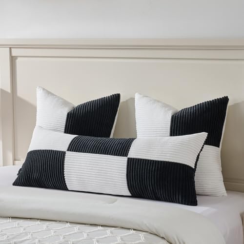 Fancy Homi Set of 2 Black White Euro Decorative Throw Pillow Covers 28x28 Inch for Bedroom Couch Bed, Farmhouse Boho Home Decor, Soft Cross Corduroy Patchwork Textured Square Cushion Case 71x71 cm - Image 5
