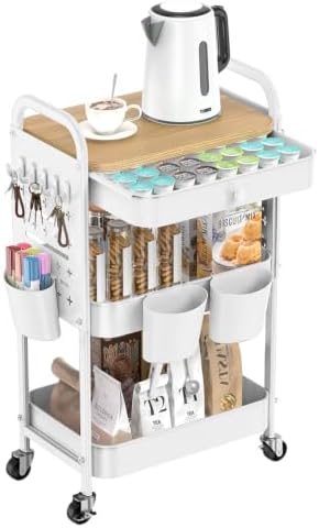 ALVOROG 3 Tier Metal Rolling Cart with Drawer,Wood Top,Pegboards,White by ALVOROG