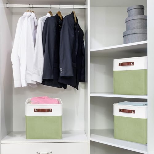 Bagnizer Collapsible Fabric Storage Cubes 11x11 Cube Storage Bins, 4 Pack Closet Baskets Box with Handles for Organizing, Shelf, Toys, Clothes, Home, Office, Nursery (Green&White) - Image 3