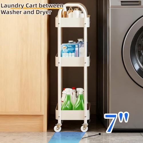 3 Tier Narrow Rolling Storage Cart for Laundry Room Bathroom Kitchen, 7.1'' Slim Utility Cart with Wheels and Lockable Casters Standing Shelf for Small Space & Between Washer and Dryer, White - Image 2