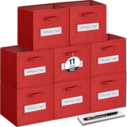 Fabric storage cubes (Set of 8) 11 Inch Cube Storage Bin, Cube storage with 8 Labels Window Cards & a Pen, Foldable cube organizer bins,11x11 Storage bin, Cubby Organizer Boxes, Red by Artsdi