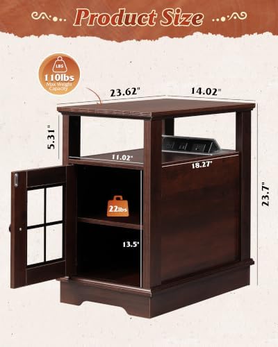 WLIVE Farmhouse End Table with Charging Station, Narrow Side Table with Storage, Small Nightstand with USB Ports and Outlets ，Bedside Cabine for Bedroom, Living Room,Espresso - Image 3
