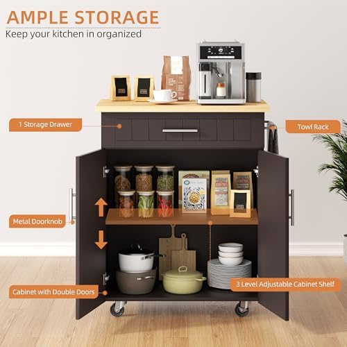 Shintenchi Kitchen Island cart with Storage, Portable Bar Cabinet on Wheels, Rolling Microwave Cart Side Table with Workstation for Kitchen, Dinning Room, Brown - Image 6
