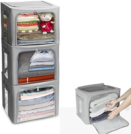 Stackable Clothes Storage Box for Clothing Gadgets,Steel Frame Storage Bins for Toys Gift,Foldable Oxford Fabric Closet Organizer Bag Set w/ Carry Handles Clear Window (Medium- 40L x3 Pack, Grey) by STSTECH