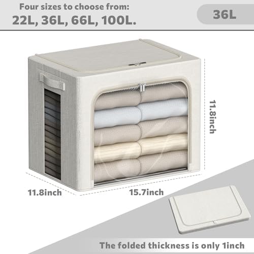 FHSQX 2 Pack Clear Window Storage Bins - Large Stackable Linen Fabric Storage for Clothes Foldable Container Organizer Set with Carrying Handles (Lvory White, 15.7x 11.8x 11.7 Inch) - Image 4