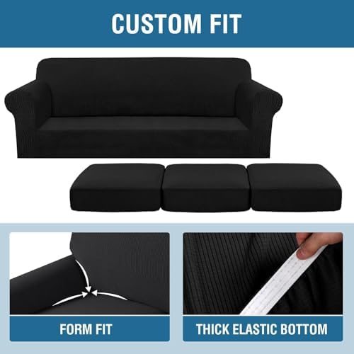 H.VERSAILTEX 4 Piece Stretch Sofa Covers for 3 Cushion Couch Covers for Living Room Furniture Slipcovers (Base Cover Plus 3 Seat Cushion Covers) Thicker Jacquard Fabric (Large Sofa, Black) - Image 4