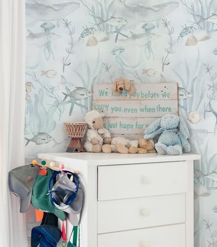 Peel and Stick Wallpaper Aqua Blue Coral Reef Marine Fish Wallcovering Coastal Wallpaper Beach Removable Contact Paper for Kids Bedroom Nursery Bathroom Accent Walls (Aqua Blue, 17.3"x118") - Image 2