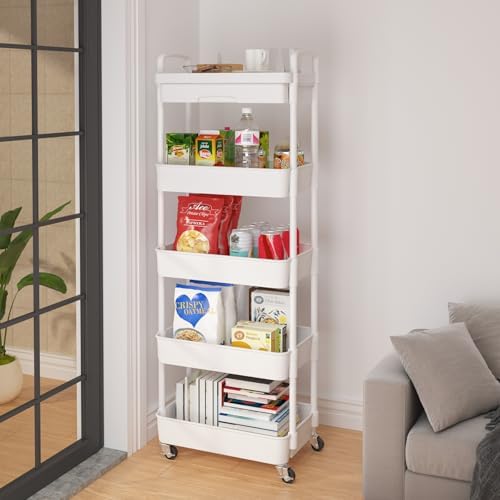 Calmootey 5-Tier Utility Cart with Drawer & Wheels, Storage for Home,Office - Image 4