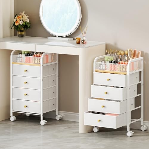 SWTYMIKI Rolling Makeup Organizer Cart - 14.96″*11.81″*27.55″ Widened Under Desk Vanity Storage with 4 Non-woven Drawers, Cosmetic Display Cases for Skin Care Perfume Nail Polish Brush Hair Tool White by SwtyMiki-TidyHomeSweetLife