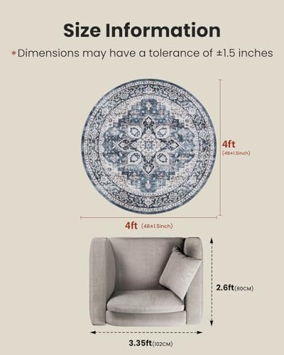 AMADA HOMEFURNISHING Round 4ft Area Rugs, Low-Profile Washable Rug with Non-Slip Backing & Durable Edge Binding, Vintage Rugs for Living Room, Bedroom, Dinning Room - Image 2