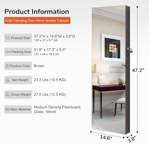 GISSAR Full Length Mirror Jewelry Cabinet, 6 LEDs Jewelry Armoire Wall Mounted Over The Door Hanging, Jewelry Organizer Storage with Lights Lockable, Brown, 14.6" x 47.2" - Image 5