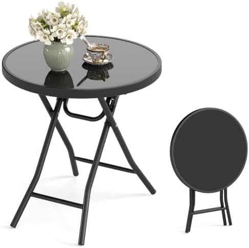 GIANTEX Outdoor Folding Side Table w/Tempered Glass Tabletop & Metal Frame by Giantex