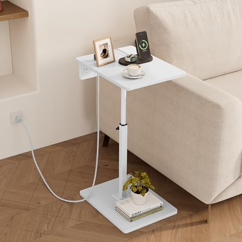 C Shaped End Table with Charging Station, Adjustable Height C Table End Table, 360°Swivel TV Tray Table for Small Spaces, Rounded Corners Couch Table, Side Tables Living Room for Sofa,Chair,Snack,Bed - Image 2
