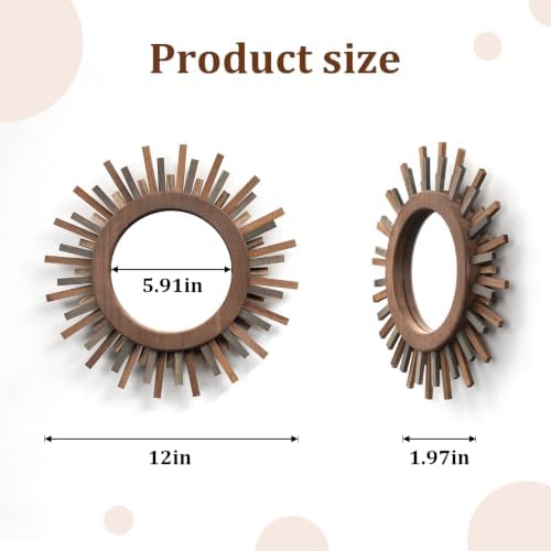 12 Inch Boho Sunburst Mirror, Decorative Rustic Farmhouse Wall Decor for Living Room, Bedroom, Bathroom, Hallway - Tricolor Wood Frame - Image 3