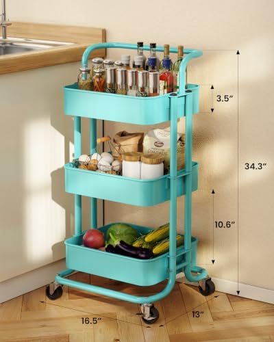 Pipishell Metal 3 Tier Rolling Cart with Handle & Wheels, Turquoise - Image 3