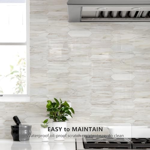 Vamos Tile Glossy Wood Marble Grain Backsplash Tile Peel and Stick, 12.8 x 12.8 Inch 10 Sheets Long Hexagon PVC Self Adhesive Mosaic Wall Tiles Stick on Backsplash for Kitchen and Bathroom - Image 3