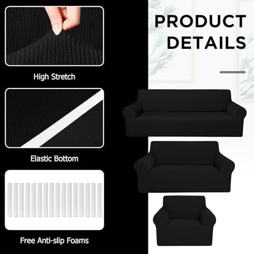 Peryiter 3 Pcs Couch and Loveseat Sofa Covers,Black,Fleece - Image 4