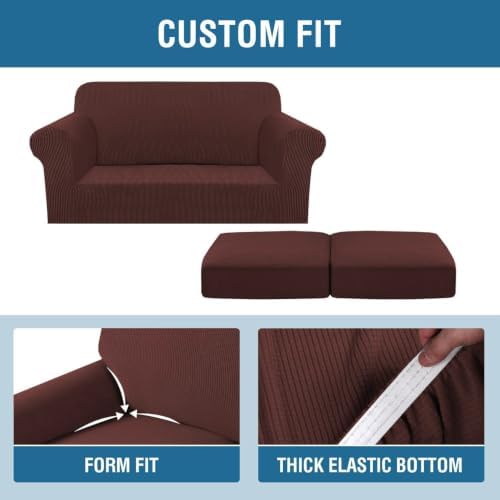 H.VERSAILTEX 3 Piece Stretch Sofa Covers for 2 Cushion Loveseat Couch Covers for Living Room Sofa Slipcovers (Base Cover Plus 2 Seat Cushion Covers) Thicker Jacquard Fabric (Medium Sofa, Burnt Brick) - Image 4