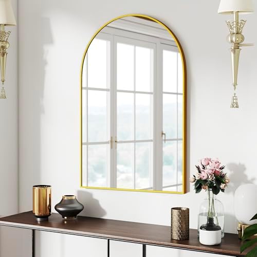 36x24 Bathroom Mirror Arch Wall Mounted/Against Aluminum Frame Gold by SCWF-GZ