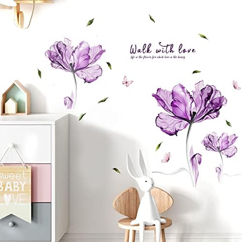 Flowers Wall Sticker Watercolor Purple Floral Wall Decal DIY Butterfly Flower Art Decor Stickers Floral Quotes Saying Wall Decals Mural for Nursery Bedroom Kids Room - Image 2