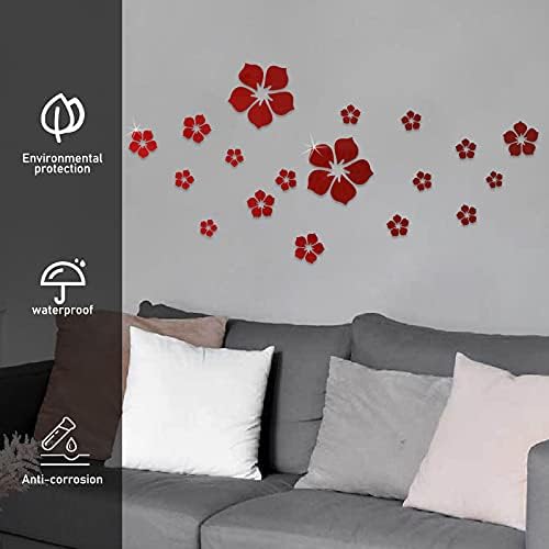 Philbinden Acrylic Mirror Floral Wall Stickers Self Adhesive Mirror Decor Removable 3D Flower DIY Wall Sticker for Living Room Bedroom Bathroom (Red) - Image 6