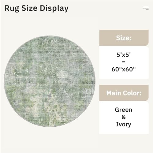 Soalmost Abstract 5x5 Round Rug 5ft Circle Living Room Rugs, Green/Ivory - Image 5