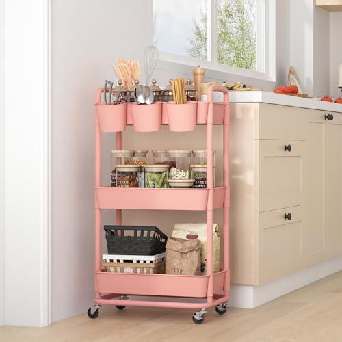 JIUYOTREE 3-Tier Plastic Rolling Storage Cart Utility Cart Pink - Image 6