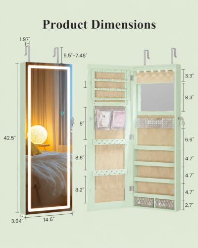 LVSOMT 42.5" Wall Mounted Jewelry Organzier with LED Mirror, Green - Image 3