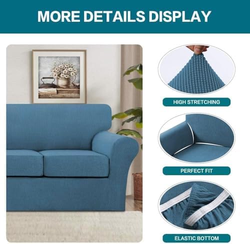 Turquoize 4 Piece Sofa Covers for 3 Cushion Couch Sofa Slipcover Soft Couch Cover for Dogs Washable Furniture Cover with 3 Individual Large Cushion Covers Feature Fabric (Large Sofa, Dusty Blue) - Image 4