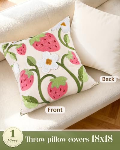 Embroidered Throw Pillow Cover 18x18 Inch, Branch Strawberry - Image 4
