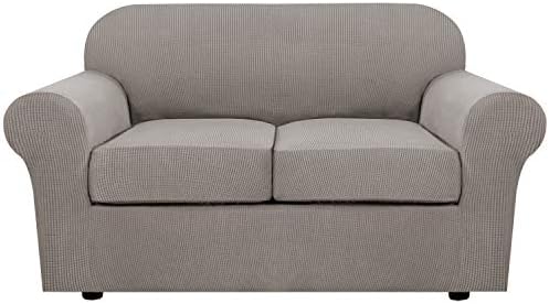 H.VERSAILTEX 3 Piece Stretch Sofa Covers for 2 Cushion Loveseat Couch - Thicker Jacquard Fabric (Medium Sofa, Taupe) by HVERSAILTEX
