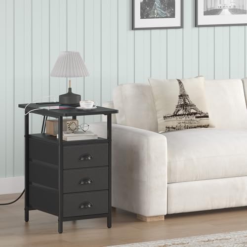 sthmec End Table with Charging Station, Side Tables Livingroom with USB Ports and Outlets,Narrow Nightstands Bedside Tables with 3 Drawers PU Finish for Small Space,Slim Sofa Table Bedroom,Black - Image 2
