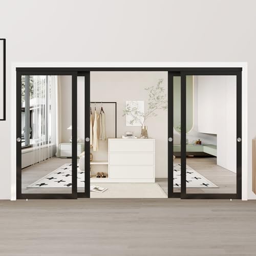JUBEST 144" x 80" Mirror Closet Door, Preassembled One Side Mirror Door with Hardware Kit & Matching Fascia, Solid Wood Frame with Water-Proof PVC Surface, Easy to Install, Black by JUBEST