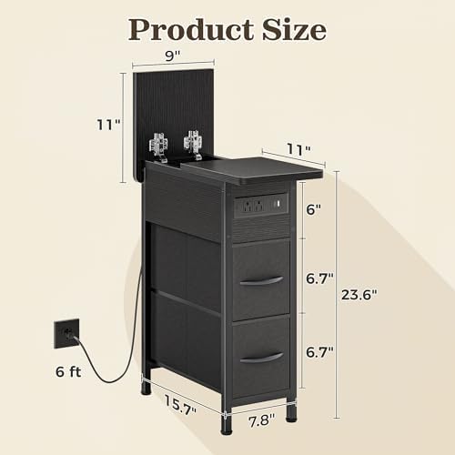 Huuger Narrow End Table with Charging Station, Side Table with 2 Drawers - Image 3