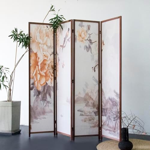 Furnnylane 4 Panel Room Divider for Room Separation, 5.6 ft Tall Double Sided Blackout Folding Privacy Screen for Home Office - Freestanding Partition with Peony Floral Artwork (67" H x 63" W) by Furnnylane
