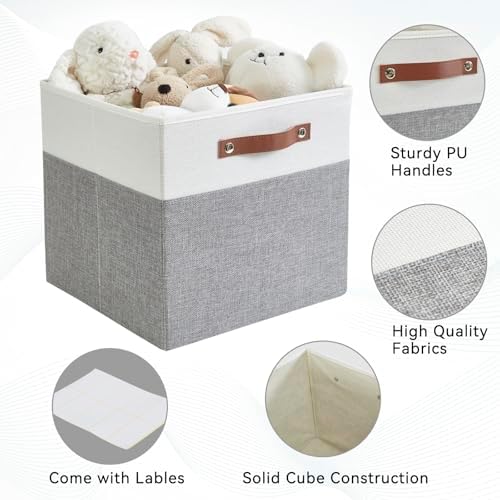 Bagnizer 13x15x13 Storage Cube Bins, Foldable Storage Organizer Baskets, Fabric Cube Storage Boxes with 2 Reinforced PU Handles for Kallax, Shelves, Living Room | 4 Pack, Gray & White - Image 2