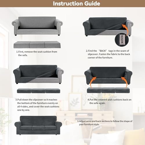 WEERRW 4 Pieces Couch Cover for Sofa Velvet Sofa Covers Washable, Dark Grey - Image 6