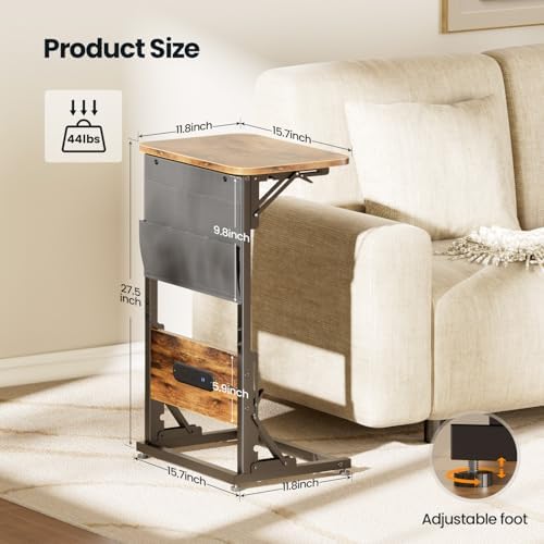 HLDIRECT C Shaped End Table with Charging Station & Storage Bag Brown - Image 3