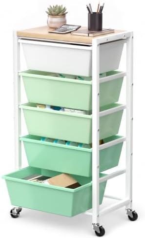 Rolling Cart with 5 Drawers, Plastic Drawer Storage Carts with Wheels & Wooden Tabletop, Metal Utility Cart for Office Bedroom Living Room Classroom, Craft Organization and Storage, Green by TimeForest