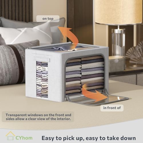 CYhom 3Pack Foldable Storage Bins - Frame Storage Box Linen Fabric Stackable Clothes Container Organizer with Clear Window & Carry Handles Large Capacity (Large-66L, Light Grey) - Image 2