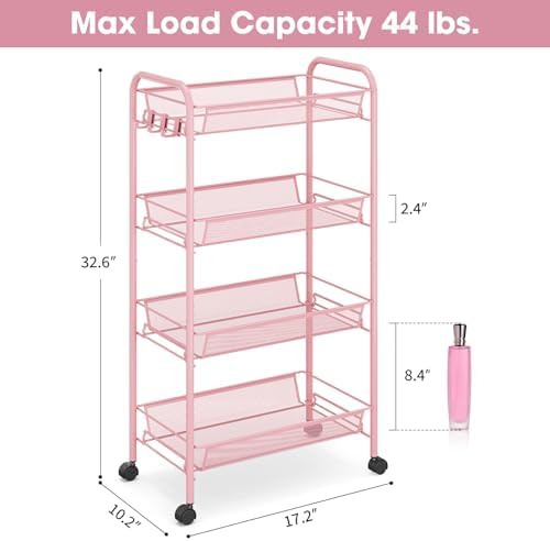 TOOLF 4 Tier Rolling Cart, Metal Utility Storage Cart with Wheels, Pink | 3 Hooks, Screwless Assembly, Trolley Organizer for Bathroom, Kitchen, Office, Nursery, Dorm, Laundry Room - Image 6