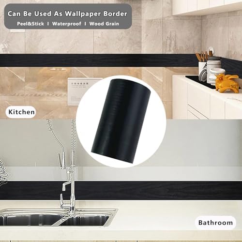 DESOMINOR 32FT Black Border Peel &Stick Black Wood Grain Wallpaper Border Removable Waterproof Bathroom Mirror Frame Sticker (Black, 3.93Inch X 32.8Ft) (Pack of 3) - Image 5