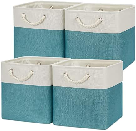 Temary Cubes Storage Baskets 12 Inch Cube Storage Bins for Shelf, Fabric Storage Cubes for Gift Empty Baskets for Home, Collapsable Box Basket for Storage (White&Teal) by TEMARY